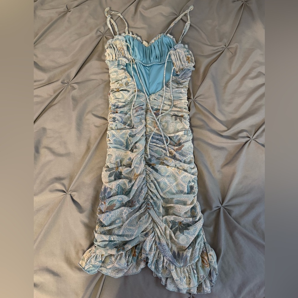 Island Gypsy, Vacation Patterned, Ruched Blue and Tan Mini Dress